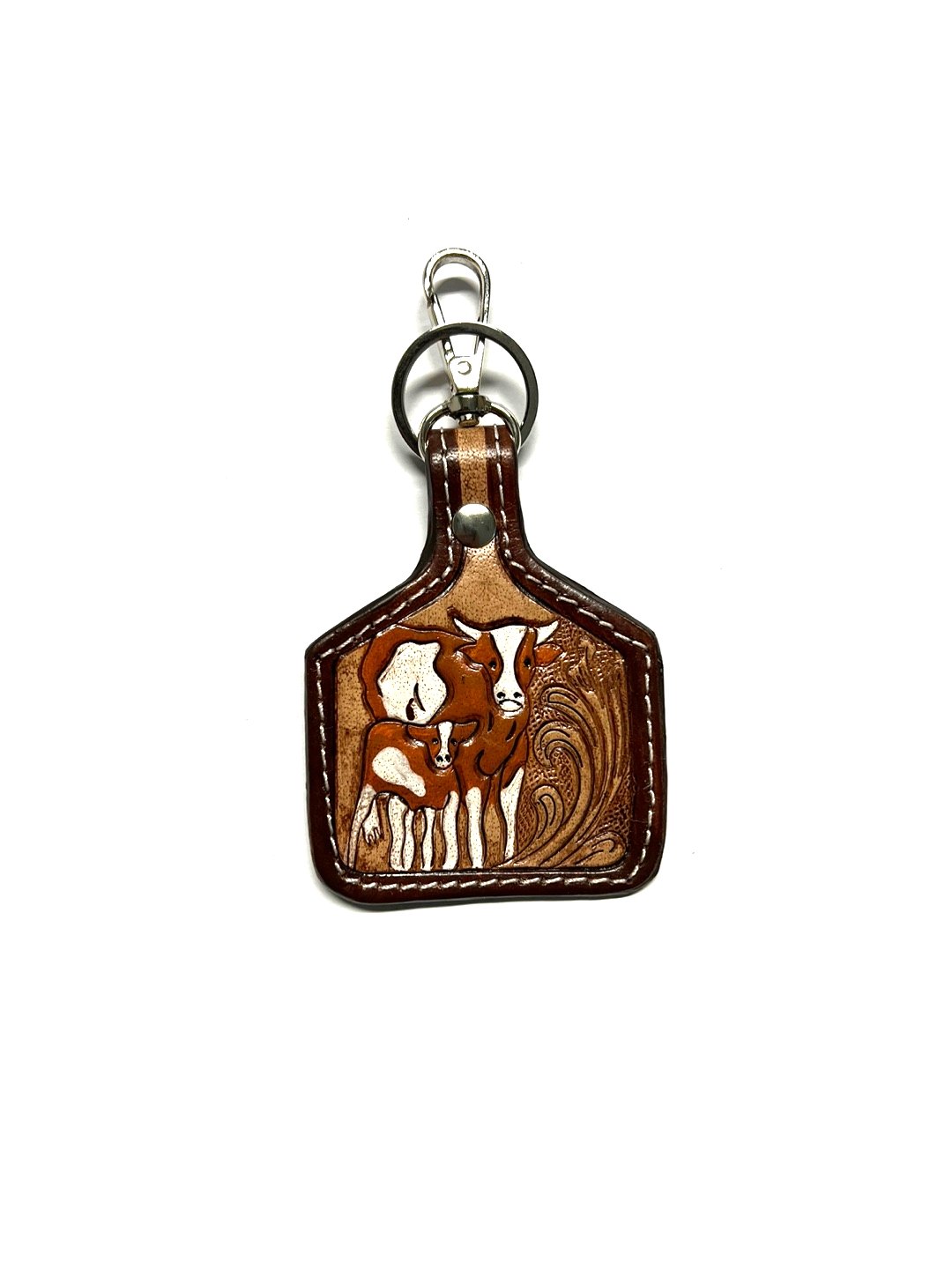 WESTERN COW PRINT GENUINE LEATHER CATTLE TAG KEY CHAIN