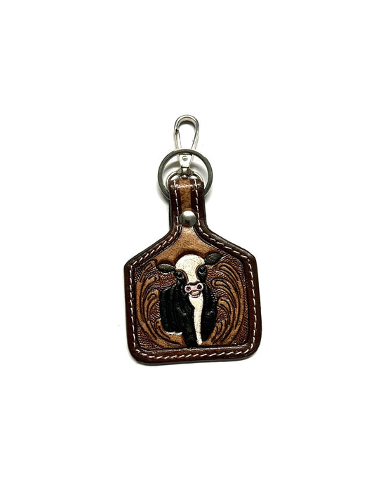 WESTERN COW PRINT GENUINE LEATHER CATTLE TAG KEY CHAIN