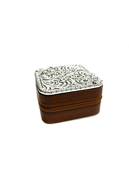 Western Etched Metal Plate Jewelry Box