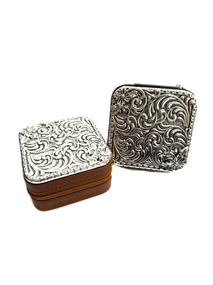 Western Etched Metal Plate Jewelry Box