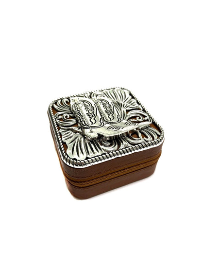 Western Cowboy Boot Etched Metal Plate Jewelry Box