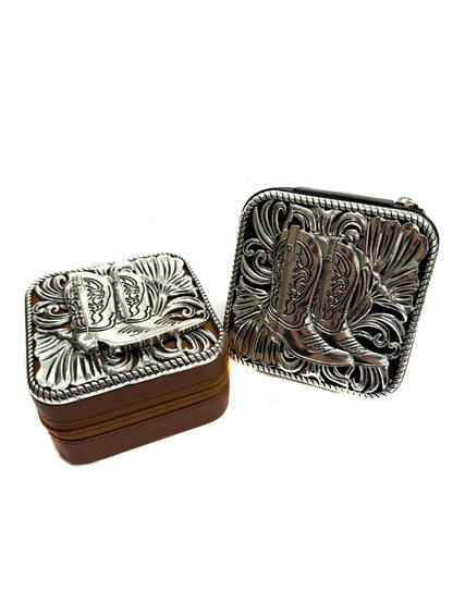 Western Cowboy Boot Etched Metal Plate Jewelry Box