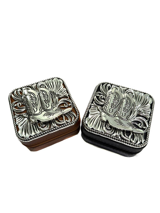 Western Cowboy Boot Etched Metal Plate Jewelry Box