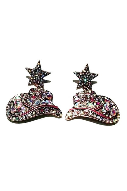 WESTERN CRYSTAL COWBOY HAT EARRINGS