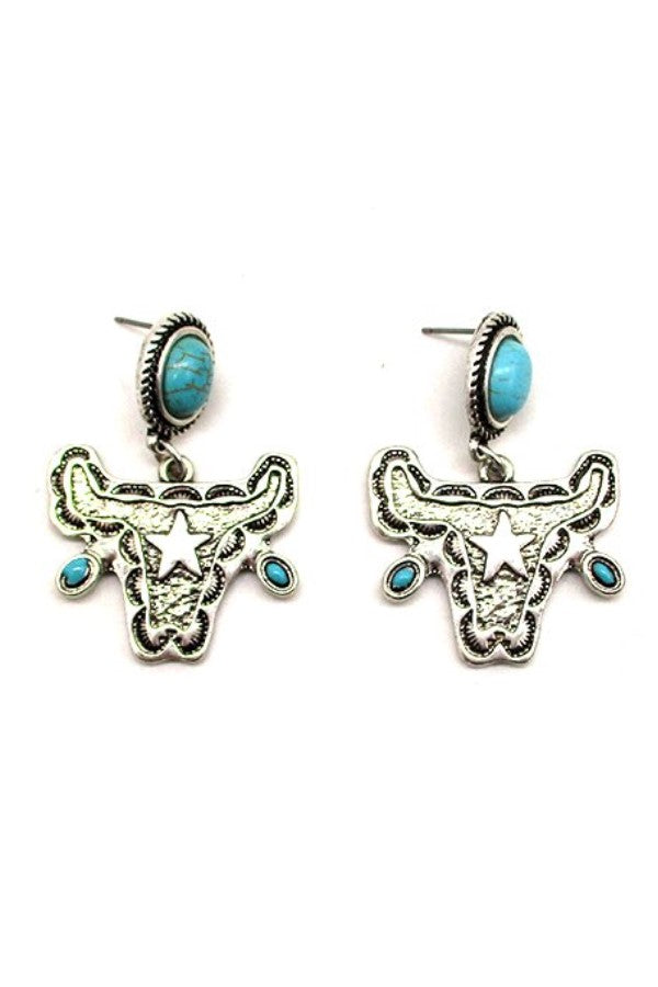 WESTERN COWHEAD TURQUOISE STONE DANGLE EARRINGS