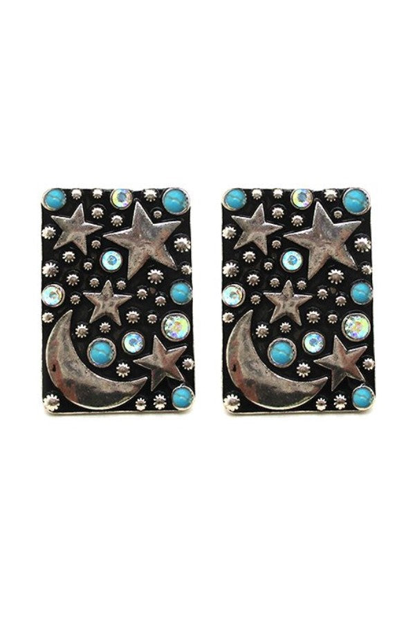 WESTERN STAR AND MOON RECTANGLE STONE EARRINGS