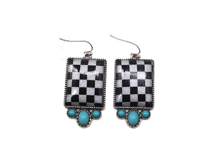 WESTERN CHECKER BOARD TURQUOISE STONE EARRINGS