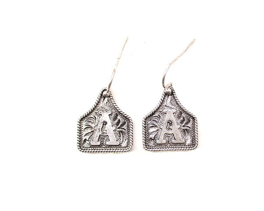 WESTERN ETCHED CATTLE TAG INITIAL EARRINGS