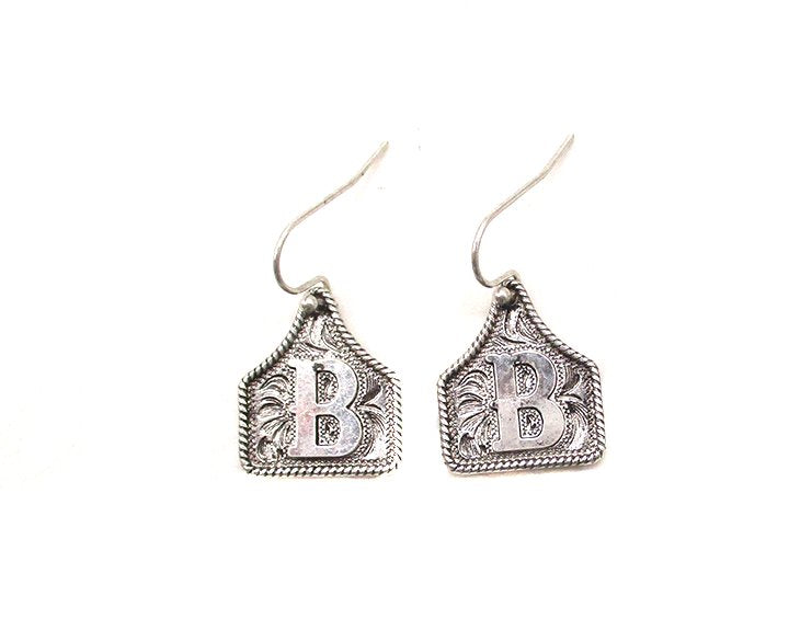 WESTERN ETCHED CATTLE TAG INITIAL EARRINGS