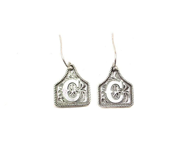 WESTERN ETCHED CATTLE TAG INITIAL EARRINGS