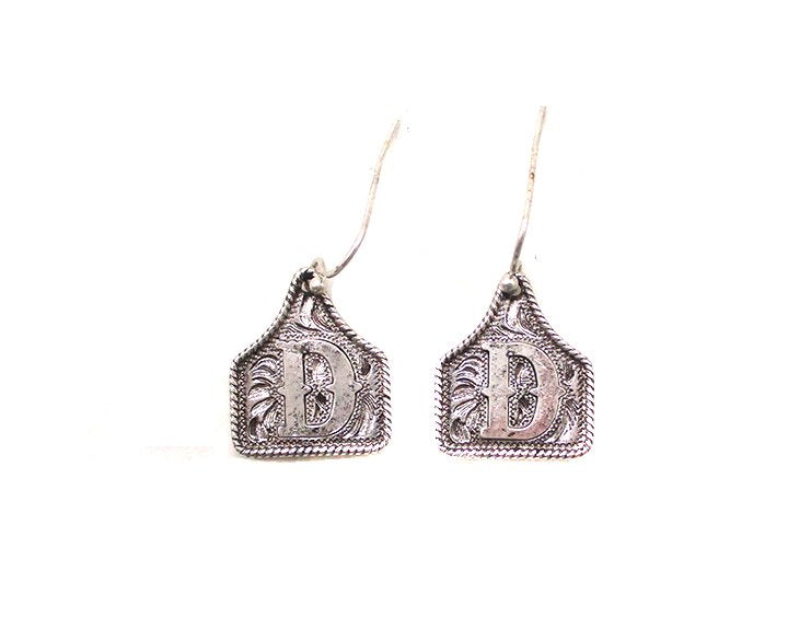 WESTERN ETCHED CATTLE TAG INITIAL EARRINGS