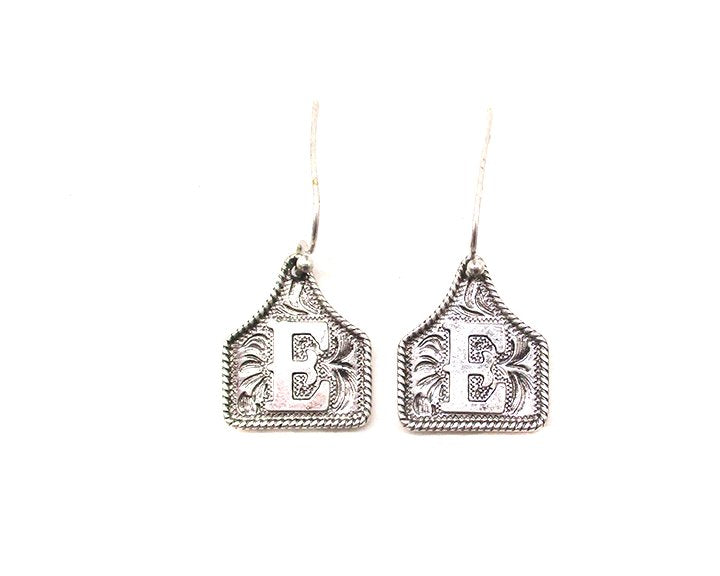 WESTERN ETCHED CATTLE TAG INITIAL EARRINGS