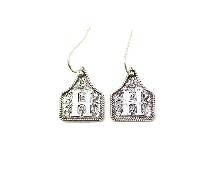 WESTERN ETCHED CATTLE TAG INITIAL EARRINGS