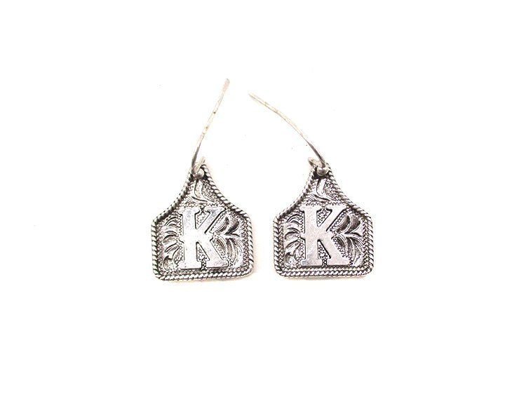 WESTERN ETCHED CATTLE TAG INITIAL EARRINGS