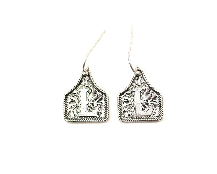 WESTERN ETCHED CATTLE TAG INITIAL EARRINGS