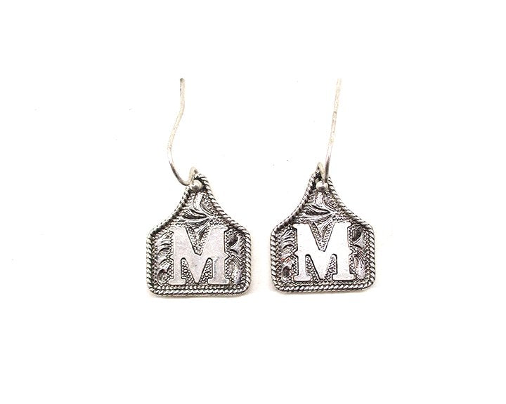 WESTERN ETCHED CATTLE TAG INITIAL EARRINGS