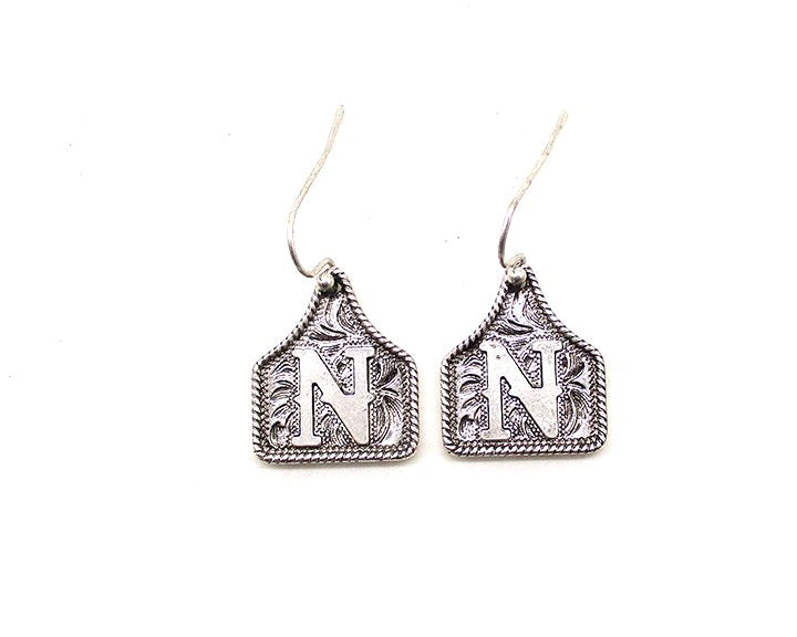 WESTERN ETCHED CATTLE TAG INITIAL EARRINGS