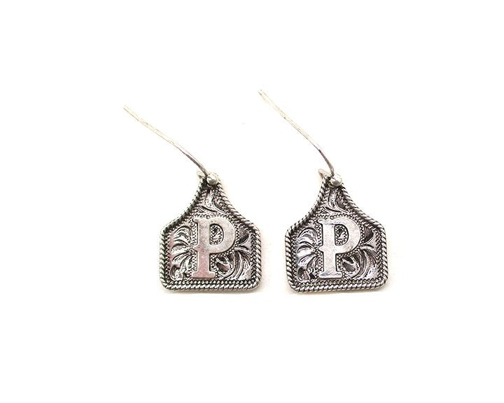 WESTERN ETCHED CATTLE TAG INITIAL EARRINGS