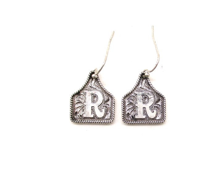 WESTERN ETCHED CATTLE TAG INITIAL EARRINGS