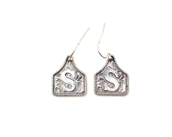 WESTERN ETCHED CATTLE TAG INITIAL EARRINGS