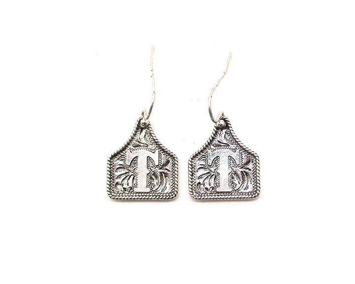 WESTERN ETCHED CATTLE TAG INITIAL EARRINGS