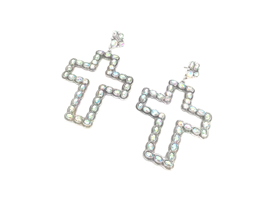 WESTERN LARGE CRYSTAL CROSS DANGLE EARRINGS