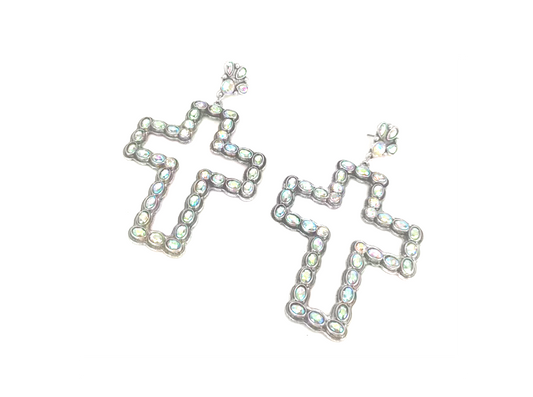 WESTERN LARGE CRYSTAL CROSS DANGLE EARRINGS