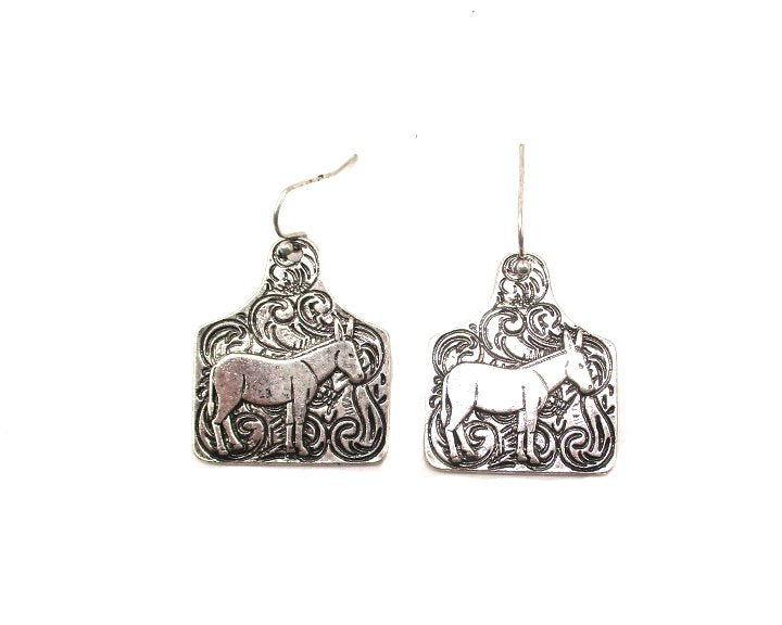 Western Cattle Tag Donkey Etched Earrings