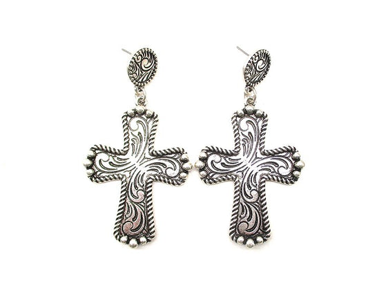 Western Etched Cross Dangle Earrings