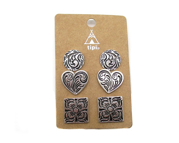 Western Etched 3 Pair Set Post Earrings