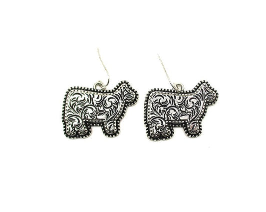 Western Etched Cow Dangle Earrings