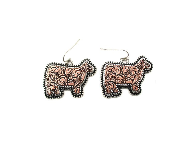 Western Etched Cow Dangle Earrings