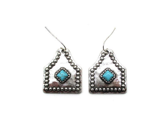 Western Turquoise Stone Cattle Tag Earrings