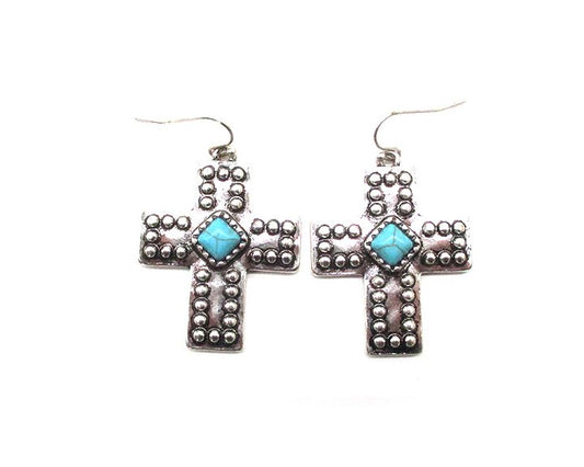 Western Turquoise Stone Cross Dangle Earrings