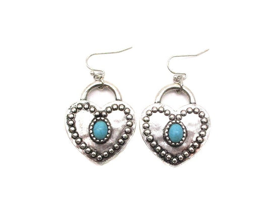 Western Turquoise Stone Heart Lock Dangle Earrings