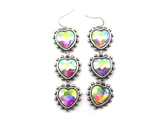 Western Crystal Bubble Heart 3 Dangle Earrings