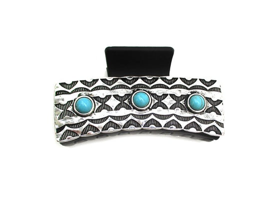 Western Etched Metal Turquoise Stone Hair Claw