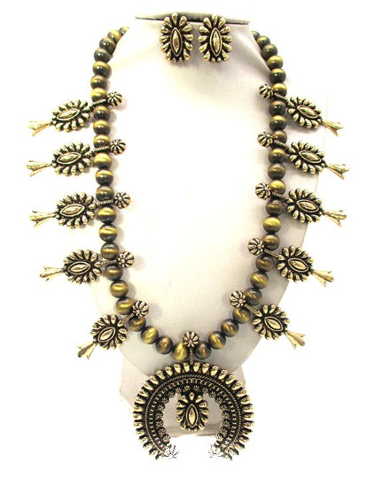 Western Metal Squash Blossom Necklace with Navajo Pearl