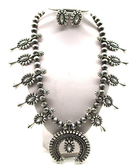 Western Metal Squash Blossom Necklace with Navajo Pearl