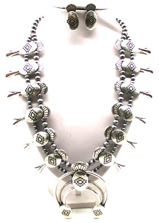 Western Metal Squash Blossom Navajo Bead Necklace Set