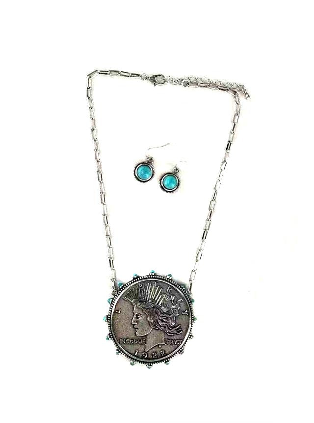 Western Liberty Coin Turquoise Necklace Set