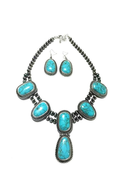 Western Turquoise Stone Squash Blossom Necklace Set