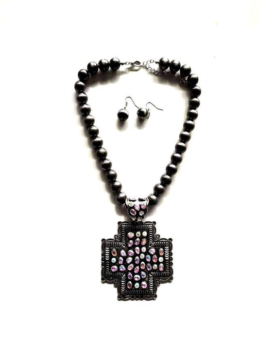 Western Crystal Cross Navajo Pearl Necklace