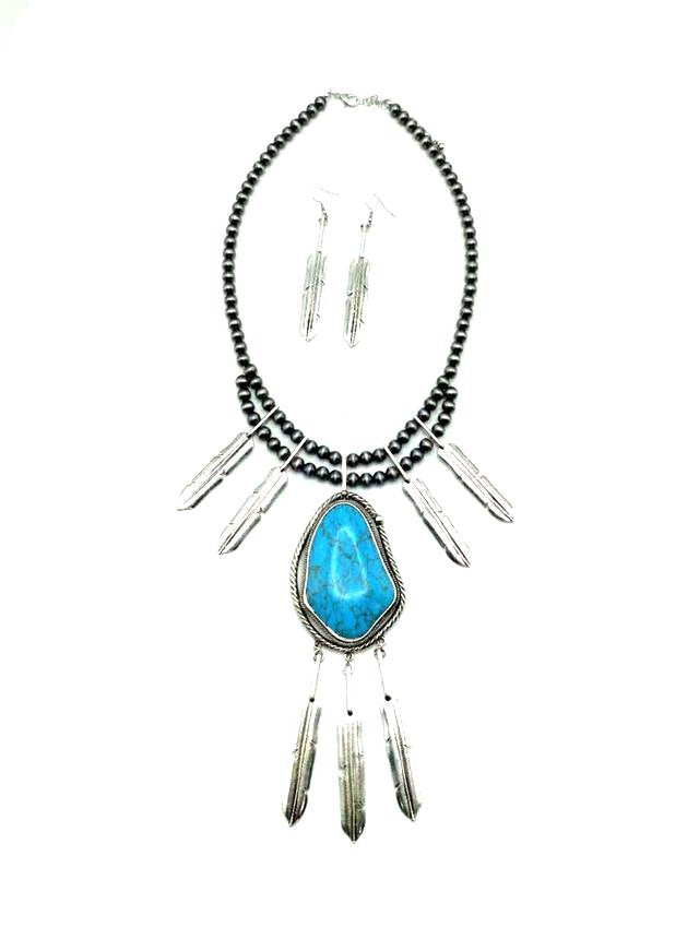 Western Feather Turquoise Stone Necklace Set