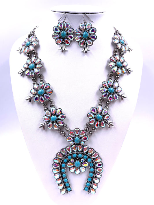 Western Statement Squash Blossom Crystal and Turquoise Stone Necklace Set